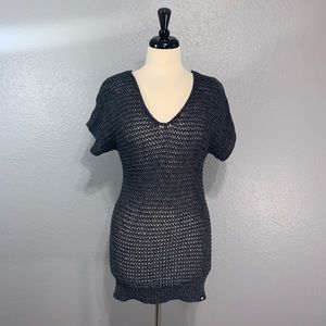 Roxy Charcoal V Neck Crochet Sweater Tunic L XL